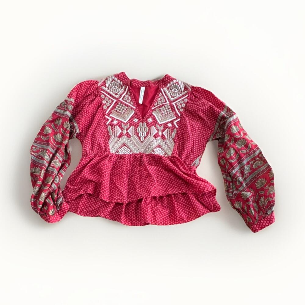 Anthropologie Red BoHo‎ Embroidered Peasant Blouse Balloon Sleeve Cotton US 6